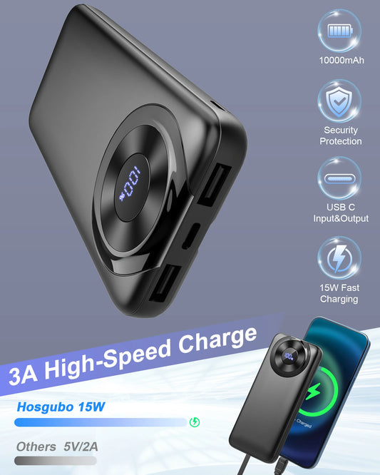 Chargeur portable 10000mAh, Power Bank de charge à grande vitesse avec câble intégré 5V/3A Slim Battery Pack, USB-C in&Out Powerbank.