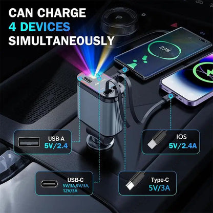 Chargeur de voiture 4 en 1 avec projecteur de ciel étoilé Chargeur de voiture rétractable avec câble de charge et 2 ports de charge, chargeur de voiture universel