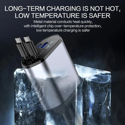 Chargeur de voiture rétractable 4 en 1 Chargeur de voiture à charge rapide avec câble USB de type C et 2 ports de charge de type C, chargeur de voiture universel