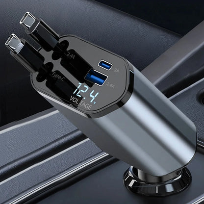 Chargeur de voiture rétractable 4 en 1 Chargeur de voiture à charge rapide avec câble USB de type C et 2 ports de charge de type C, chargeur de voiture universel