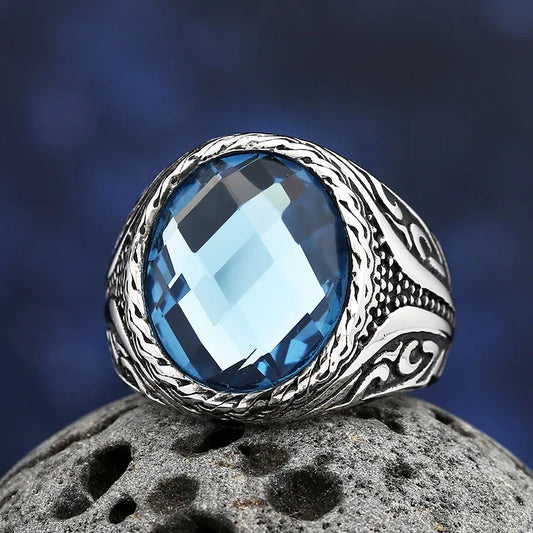 Bague Vintage en Acier Inoxydable 316L – Zircon Bleu Poli, Tendance 2025