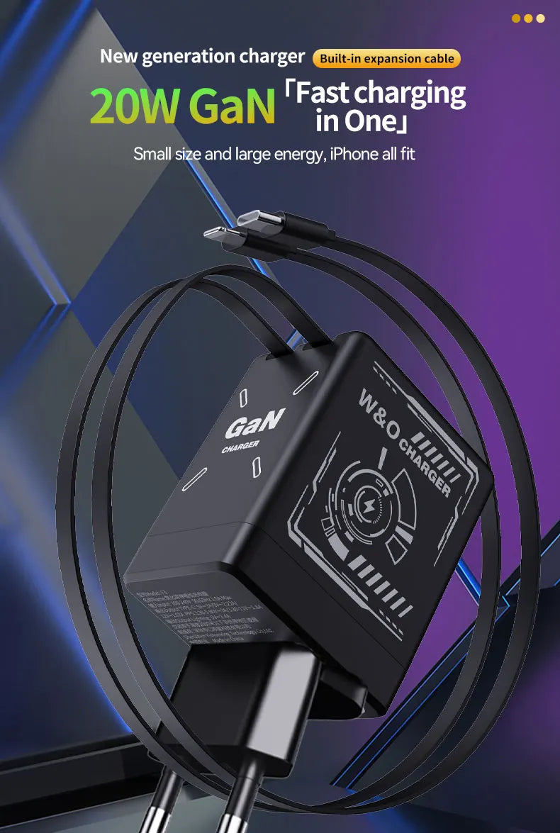 Chargeur 2-en-1 GaN 120W – Câble rétractable Type-C & Lightning | Adaptateur Portable Universel (F3)