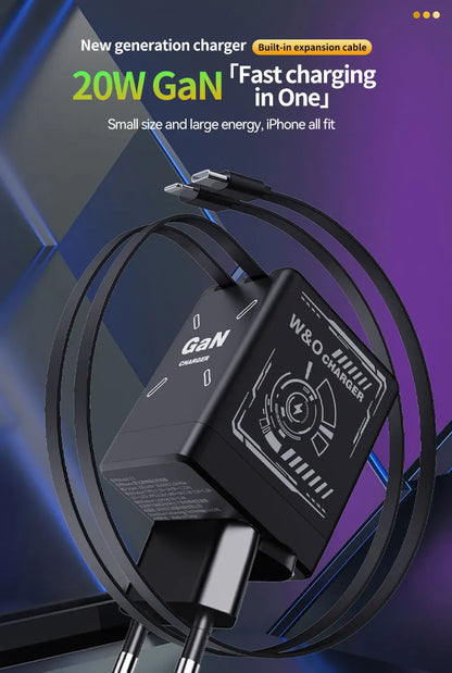 Chargeur 2-en-1 GaN 120W – Câble rétractable Type-C & Lightning | Adaptateur Portable Universel (F3)