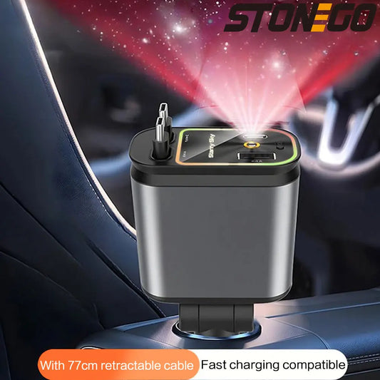 Chargeur de voiture rétractable 4 en 1 Chargeur de voiture à charge rapide avec câble USB de type C et 2 ports de charge de type C, chargeur de voiture universel