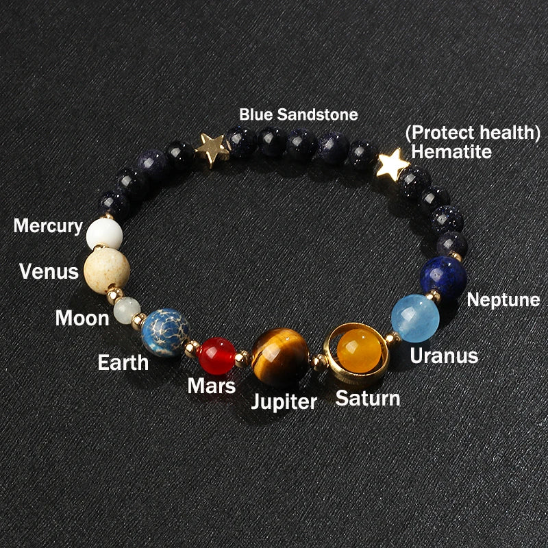 🌌 Bracelet Galaxie – 8 Planètes du Système Solaire & Étoile Gardienne