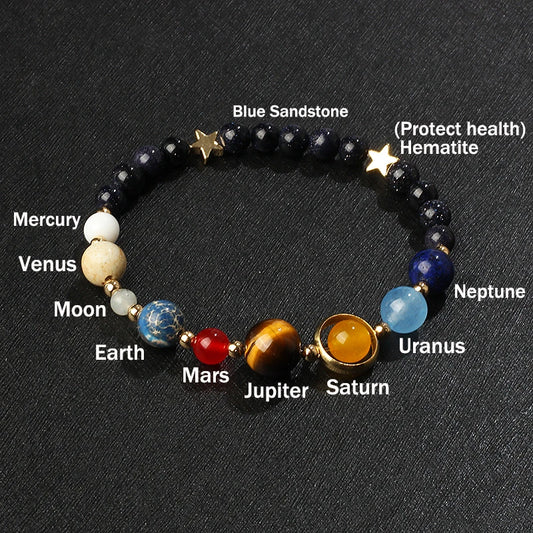 🌌 Bracelet Galaxie – 8 Planètes du Système Solaire & Étoile Gardienne