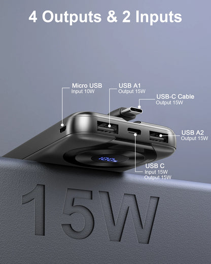 Chargeur portable 10000mAh, Power Bank de charge à grande vitesse avec câble intégré 5V/3A Slim Battery Pack, USB-C in&Out Powerbank.