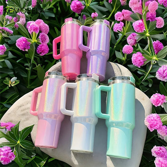 Tasse thermos en acier inoxydable de 40 oz avec couvercle à poignée et tasse de voyage en peinture arc-en-ciel isolée pour boissons chaudes et froides à l'extérieur
