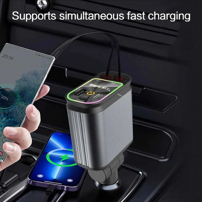 Chargeur de voiture rétractable 4 en 1 Chargeur de voiture à charge rapide avec câble USB de type C et 2 ports de charge de type C, chargeur de voiture universel