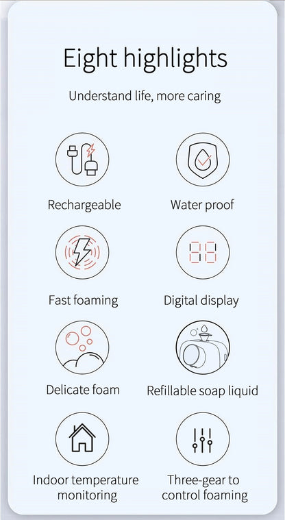 Distributeur de savon automatique mural multifonctionnel rechargeable USB Capteur infrarouge Distributeur de savon en mousse à affichage numérique LED