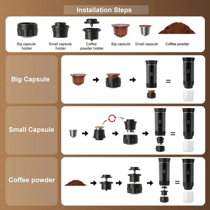 WiReless Machine à café expresso portable électrique pour voiture et maison Machine à café de camping 3-en-1 Capsule Powder Machine à café de voyage
