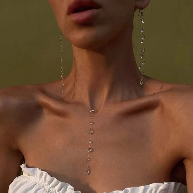 Collier et boucles d'oreilles en forme de goutte d'eau transparente, minimaliste