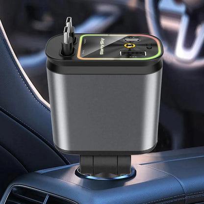 Chargeur de voiture rétractable 4 en 1 Chargeur de voiture à charge rapide avec câble USB de type C et 2 ports de charge de type C, chargeur de voiture universel