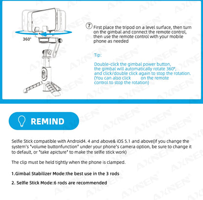 Rotation à 360° suivant le mode de prise de vue Stabilisateur de cardan Selfie Stick Trépied pour iPhone.