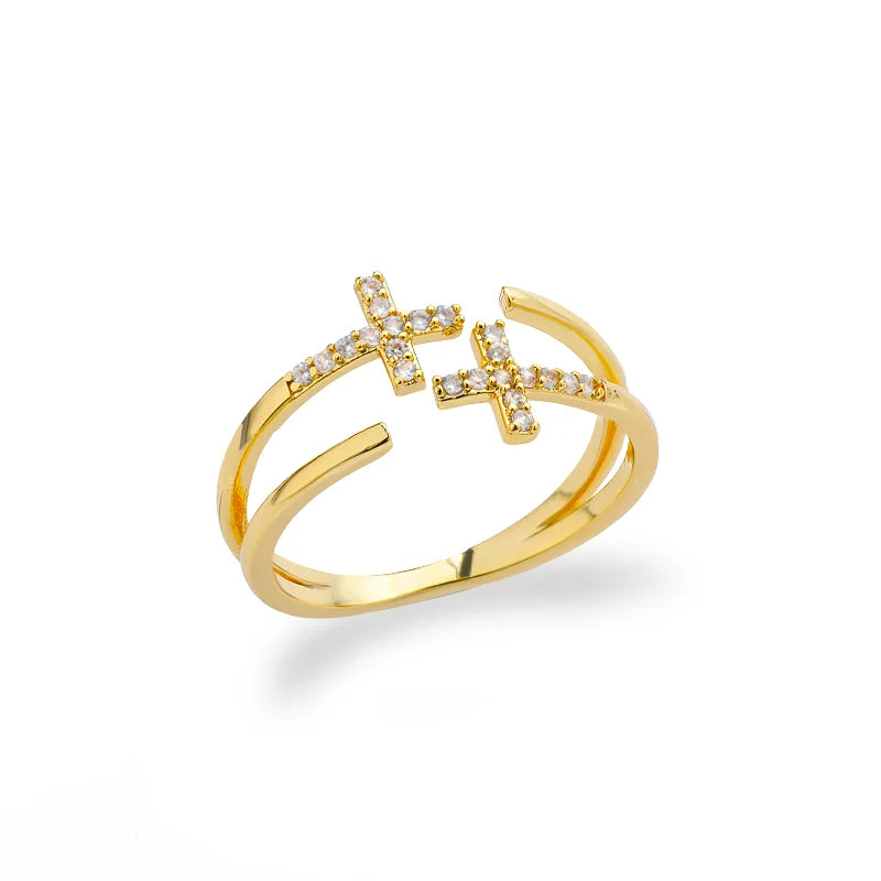 Bague Ouverte Femme en Acier Inoxydable Doré – Design Croix avec Zircon | Bijou Esthétique & Tendance – Idée Cadeau Mode