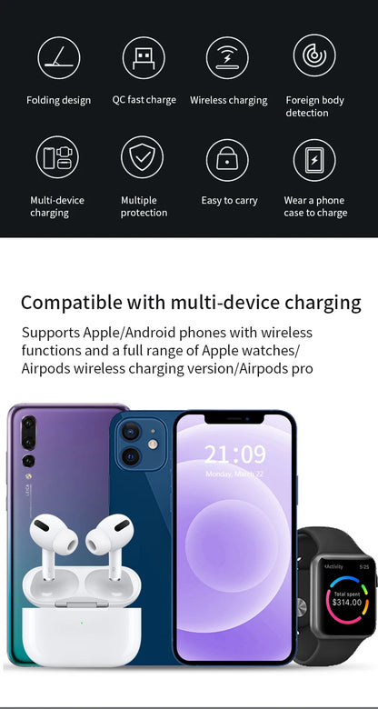 Chargeur sans fil 3 en 1 LED Light Support de téléphone pour iPhone 15 14 13 12 iWatch 8 7 6 AirPods Station de charge rapide pliable