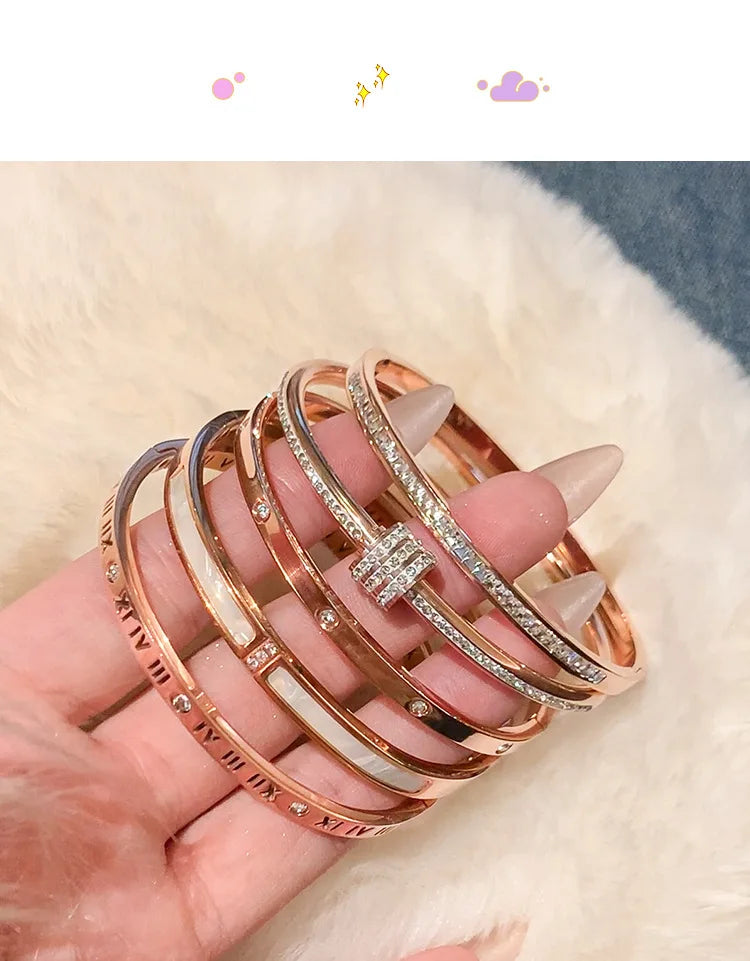 Bracelet Luxe en Acier Titane – Or Rose & Zircon Scintillant