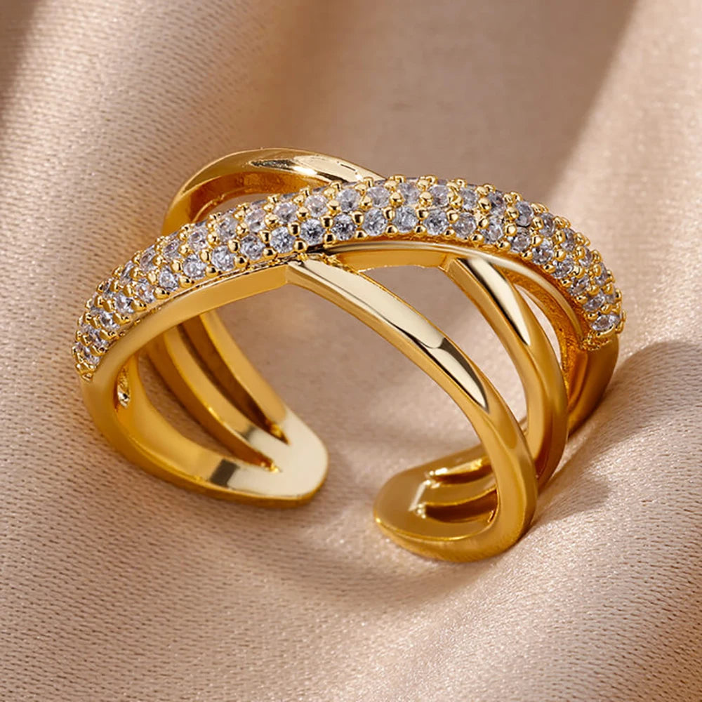 Bague Ouverte Femme en Acier Inoxydable Doré – Design Croix avec Zircon | Bijou Esthétique & Tendance – Idée Cadeau Mode