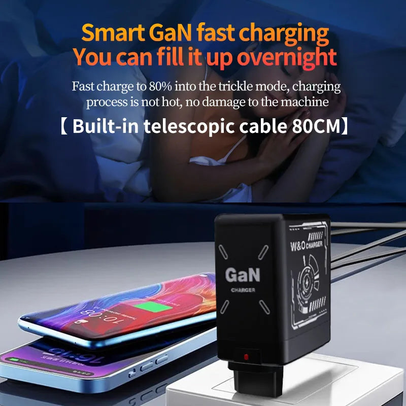 Chargeur 2-en-1 GaN 120W – Câble rétractable Type-C & Lightning | Adaptateur Portable Universel (F3)
