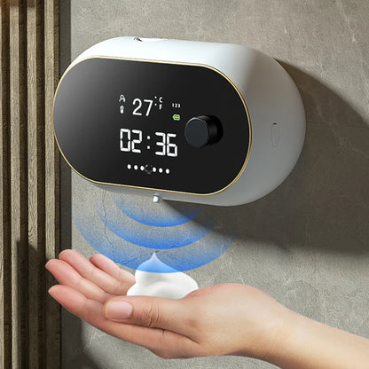 Distributeur automatique de savon en mousse sans contact Affichage de la température de l’heure Charge USB Distributeur de savon liquide à induction automatique étanche