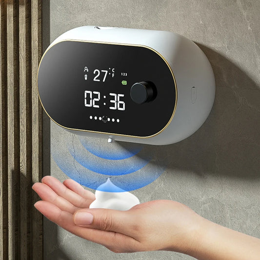 Distributeur automatique de savon en mousse sans contact Affichage de la température de l’heure Charge USB Distributeur de savon liquide à induction automatique étanche