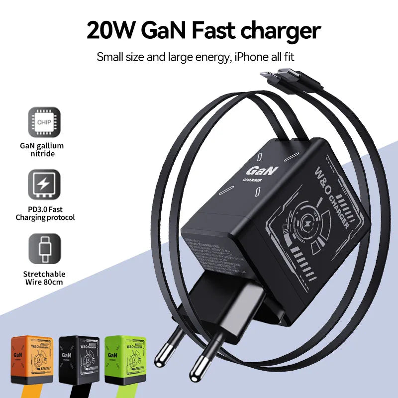 Chargeur 2-en-1 GaN 120W – Câble rétractable Type-C & Lightning | Adaptateur Portable Universel (F3)