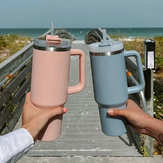 Bouteille d’eau isolée en acier inoxydable 304 de 40 oz, tasse de voiture à café thermique,flacon d'aspirateur froid et chaud avec paille et poignée, pour le sport