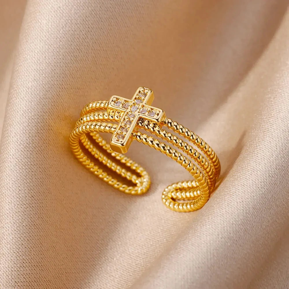 Bague Ouverte Femme en Acier Inoxydable Doré – Design Croix avec Zircon | Bijou Esthétique & Tendance – Idée Cadeau Mode