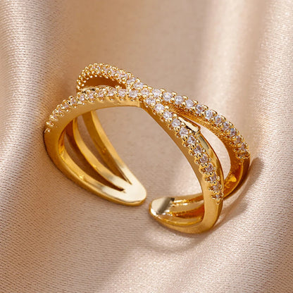 Bague Ouverte Femme en Acier Inoxydable Doré – Design Croix avec Zircon | Bijou Esthétique & Tendance – Idée Cadeau Mode