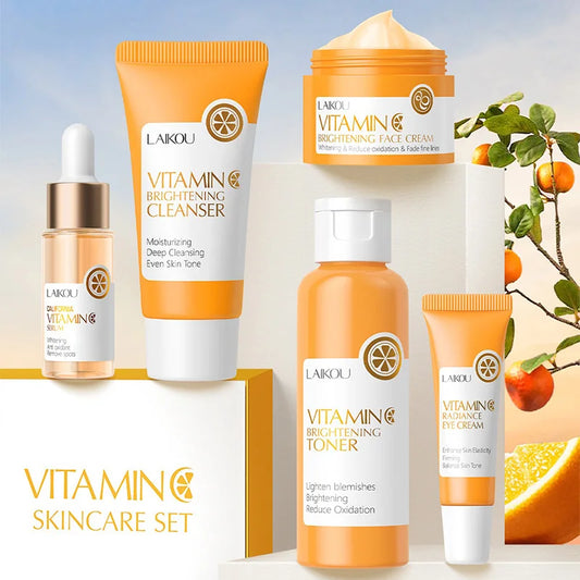 LAIKOU Ensemble de produits de soins de la peau de la série Vitamin C Ensemble de soins de la peau hydratante de 5 pièces Nettoyant Toner Essence Crème pour les yeux et crème pour le visage
