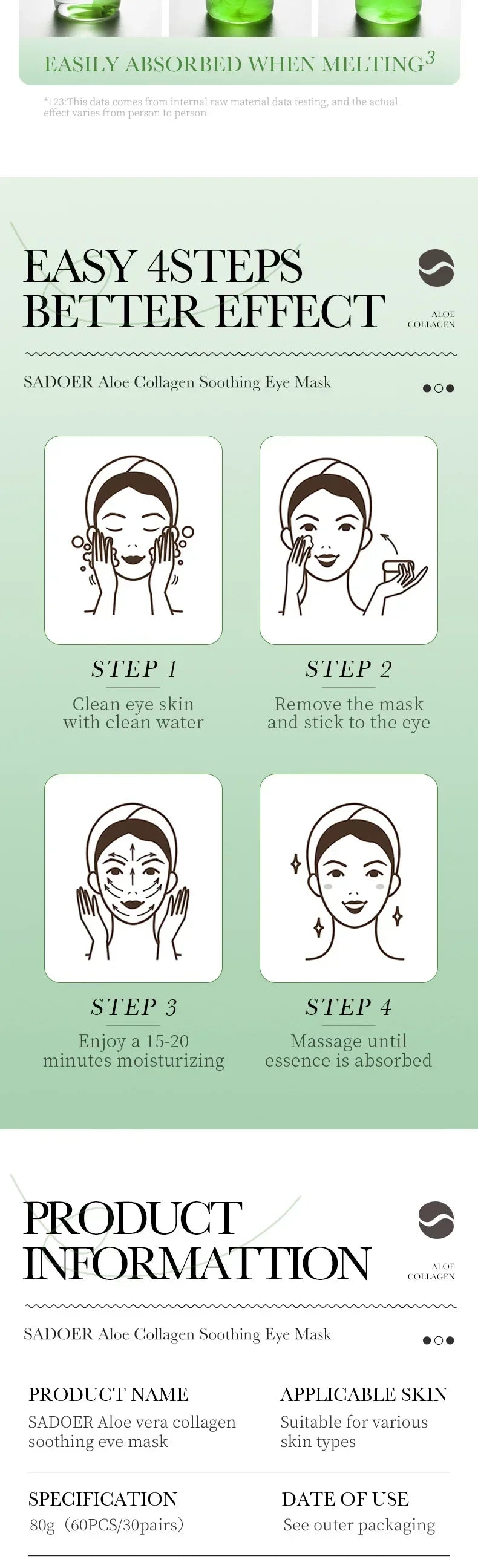 60pcs Aloe Vera Collagène Masque pour les yeux Anti-cernes Élimination des cernes Sacs pour les yeux Hydratant Rafermir Patchs pour les yeux Produits de soins de la peau des yeux