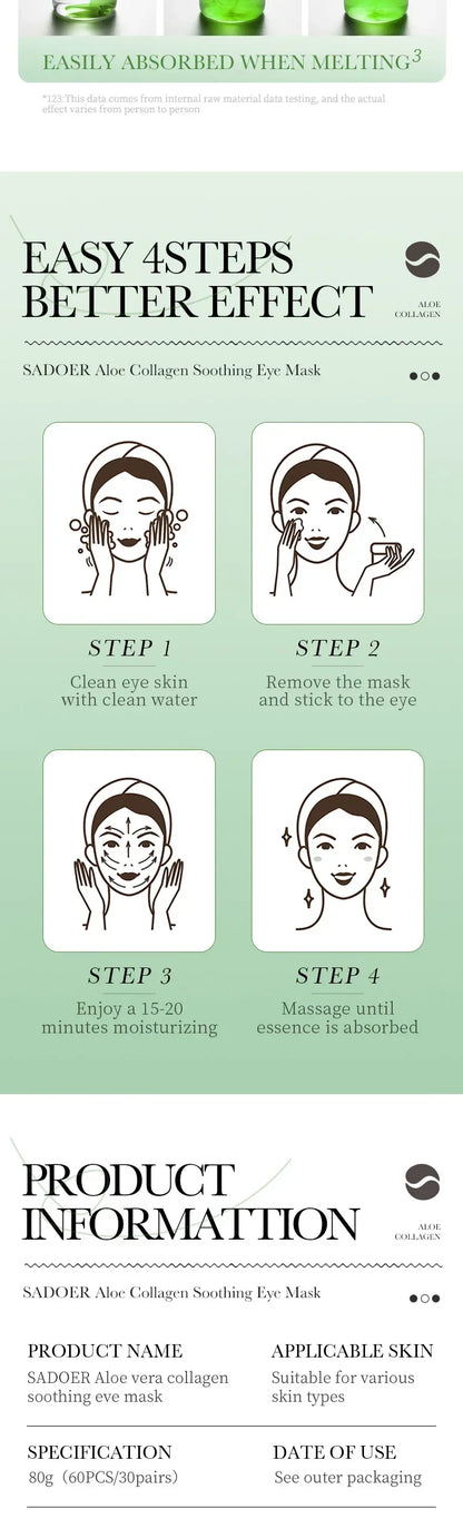 60pcs Aloe Vera Collagène Masque pour les yeux Anti-cernes Élimination des cernes Sacs pour les yeux Hydratant Rafermir Patchs pour les yeux Produits de soins de la peau des yeux