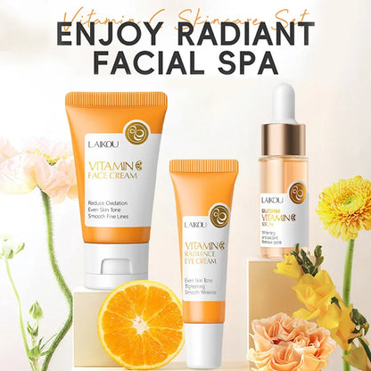 LAIKOU Ensemble de produits de soins de la peau de la série Vitamin C Ensemble de soins de la peau hydratante de 5 pièces Nettoyant Toner Essence Crème pour les yeux et crème pour le visage