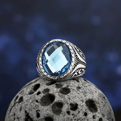 Bague Vintage en Acier Inoxydable 316L – Zircon Bleu Poli, Tendance 2025