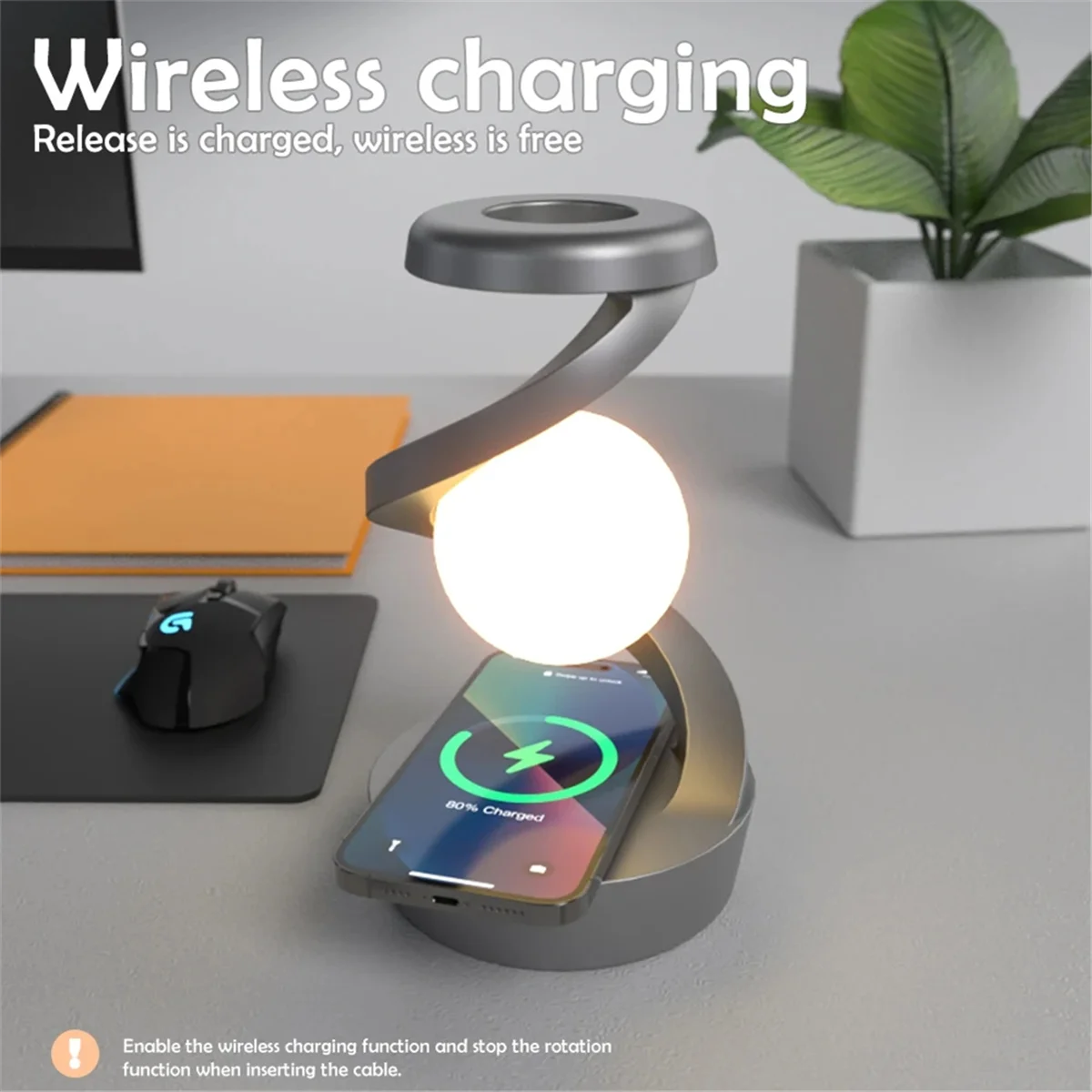 Veilleuse rotative LED à 360° avec chargeur sans fil Rechargeable sans fil LED Veilleuse en lévitation Gris