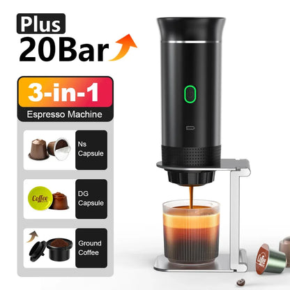 WiReless Machine à café expresso portable électrique pour voiture et maison Machine à café de camping 3-en-1 Capsule Powder Machine à café de voyage