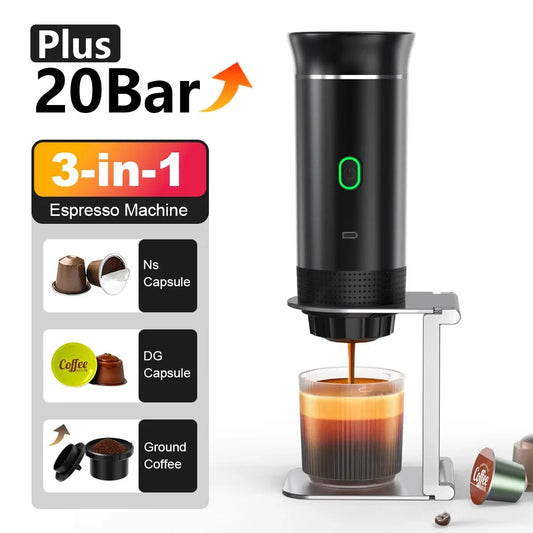 WiReless Machine à café expresso portable électrique pour voiture et maison Machine à café de camping 3-en-1 Capsule Powder Machine à café de voyage