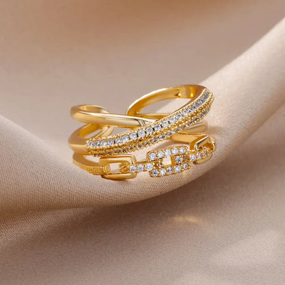 Bague Ouverte Femme en Acier Inoxydable Doré – Design Croix avec Zircon | Bijou Esthétique & Tendance – Idée Cadeau Mode