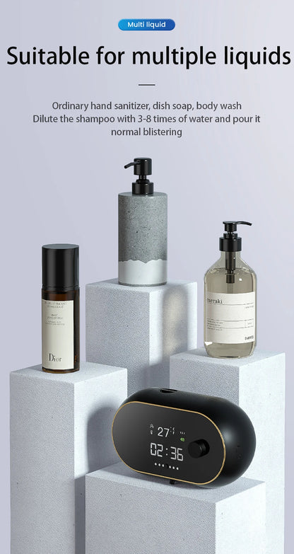 Distributeur automatique de savon en mousse sans contact Affichage de la température de l’heure Charge USB Distributeur de savon liquide à induction automatique étanche