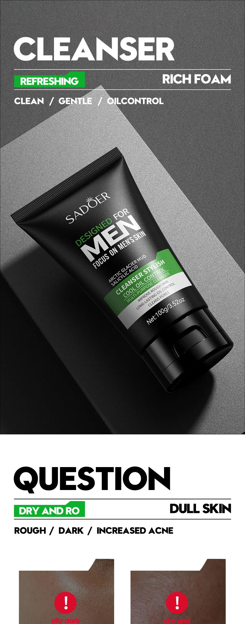 SADOER Nettoyant Visage pour Hommes  Hydratant,  anti-acné, purifie.