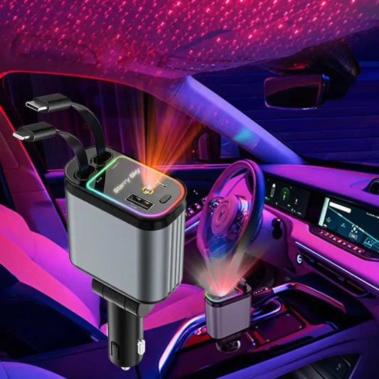 Chargeur de voiture 4 en 1 avec projecteur de ciel étoilé Chargeur de voiture rétractable avec câble de charge et 2 ports de charge, chargeur de voiture universel