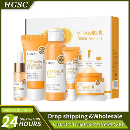 LAIKOU Ensemble de produits de soins de la peau de la série Vitamin C Ensemble de soins de la peau hydratante de 5 pièces Nettoyant Toner Essence Crème pour les yeux et crème pour le visage