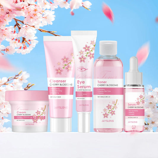 Sakura Skincare Set Crème hydratante pour le visage Sérum Toner Nettoyant pour le visage Crème pour les yeux Kit de soins du visage éclaircissant anti-rides pour femmes