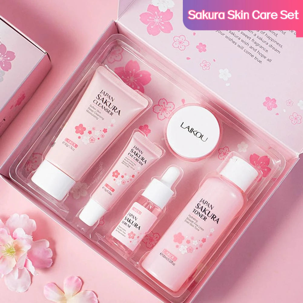 Sakura Lot de 5/3 soins pour le visage, sérum, tonique, nettoyant pour le visage, crème solaire, pour les yeux, coffret cadeau