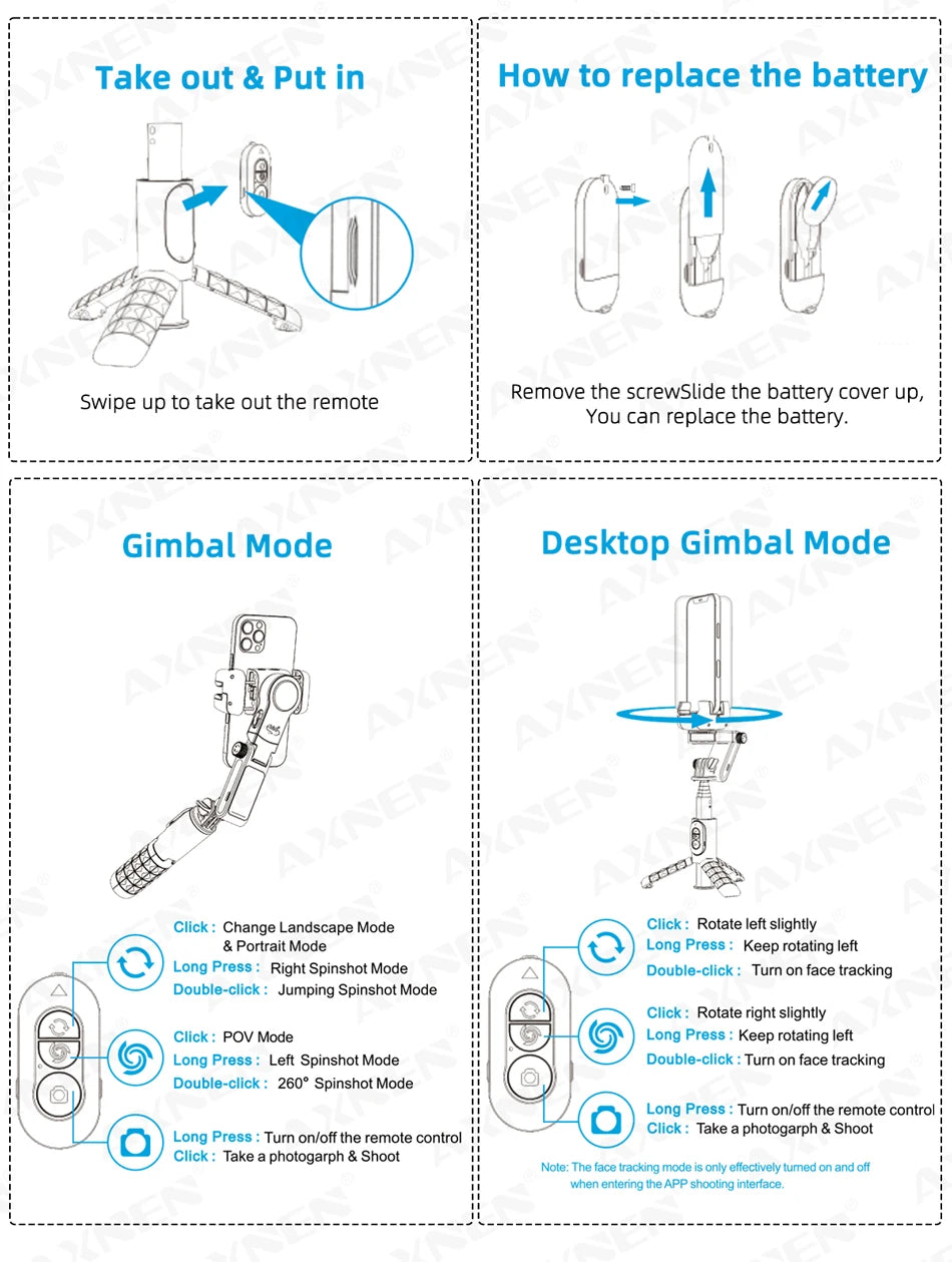 Rotation à 360° suivant le mode de prise de vue Stabilisateur de cardan Selfie Stick Trépied pour iPhone.