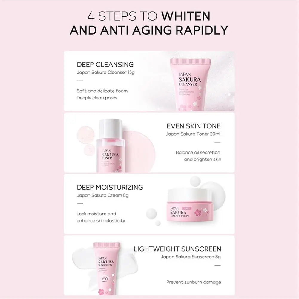 4pcs/Bag Sakura Skin Care Sets Facial Cleanser Face Face Toner Sunscreen Hydratant Lissant Nourrissant Produit de soins de la peau