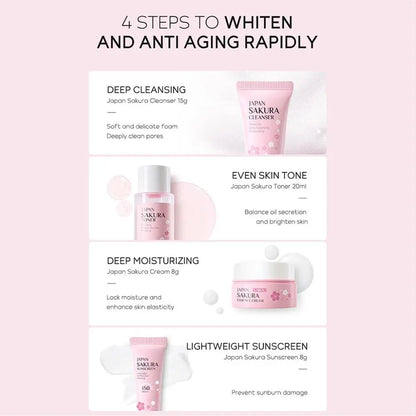 4pcs/Bag Sakura Skin Care Sets Facial Cleanser Face Face Toner Sunscreen Hydratant Lissant Nourrissant Produit de soins de la peau