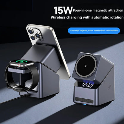 Chargeur Sans Fil Magnétique 4 En 1 One-Touch Rotation À 360° Et Affichage De L’Horloge Numérique, Station De Charge Rapide Pour iPhone iWatch AirPods