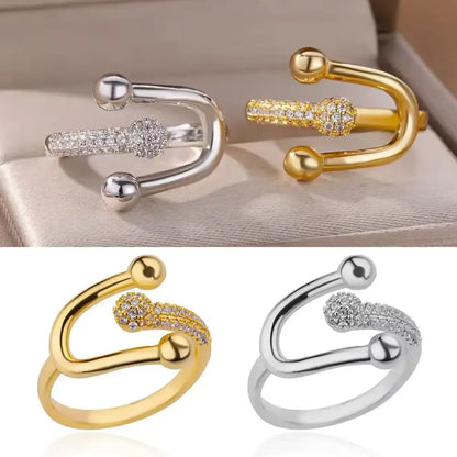 Bague ouverte ajustable en zircon micro-incrusté tendance, bague fer à cheval en or chic, bague minimaliste en cuivre pour femme.