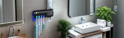 Wall mounted toothpaste dispenser with 4 toothbrush slots, toothbrush cleaning rack, bathroom accessories, no drilling required